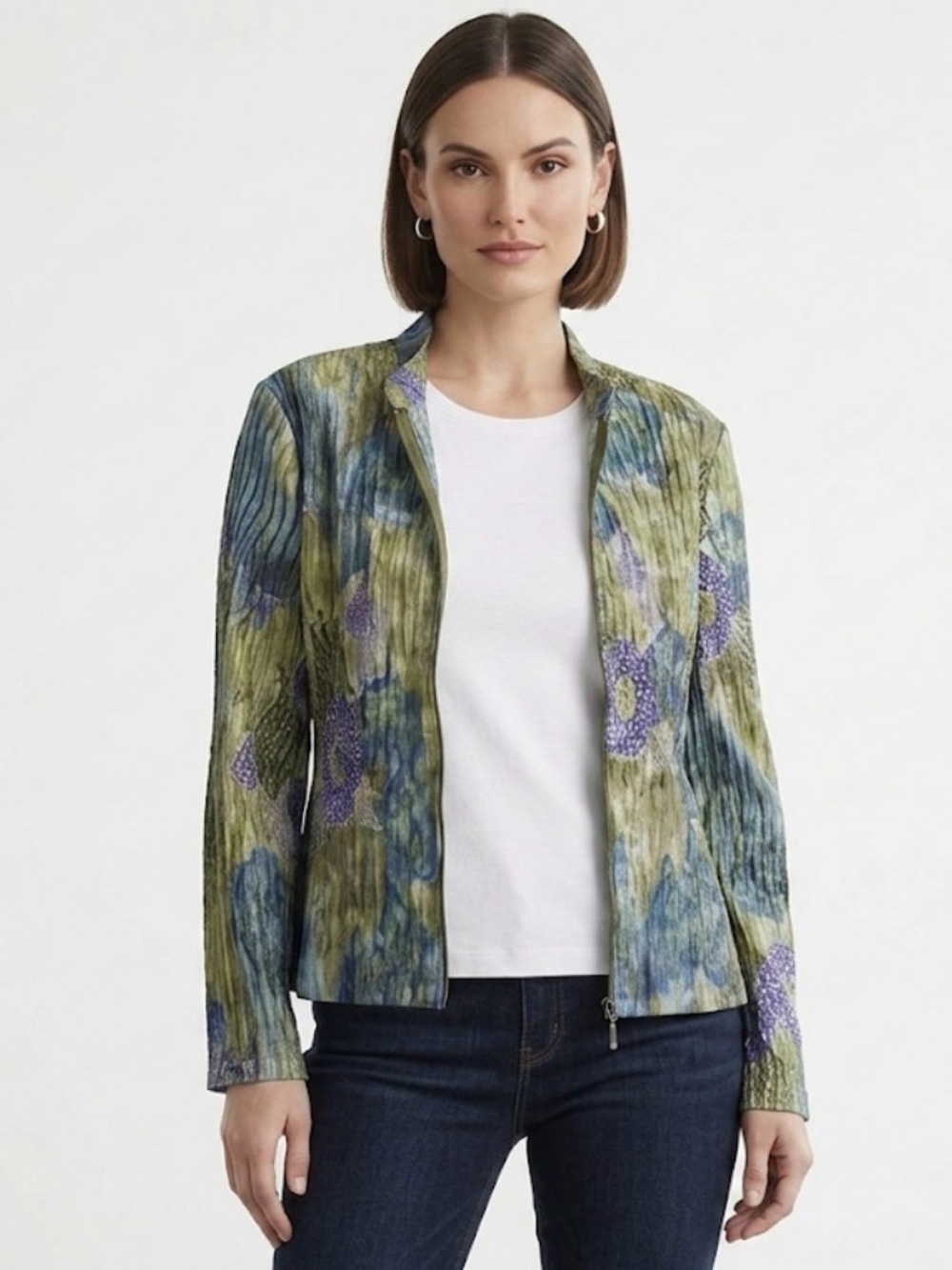 Vintage Analogy Crinkle Zip-Front Jacket - Vibrant Floral Art Print - Large Y2K